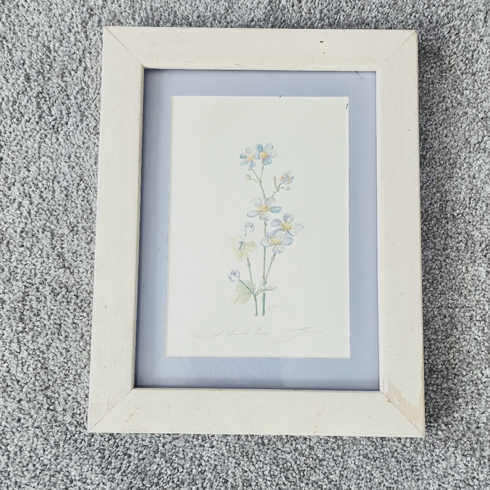 Vintage Embossed Raised Floral Art Frame Signed Picture Botanical WatercolorWood